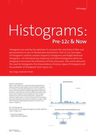 Header here
www.ukoug.org 11
Histograms:
Histograms are used by the optimizer to compute the selectivity of filter and
join predicates in case of skewed data distribution. Prior to 12c, two types
of histograms could be created: frequency histograms and height-balanced
histograms. 12c introduces top frequency and hybrid histograms which are
designed to overcome the limitations of their precursors. This article discusses
the need for histograms, the interpretation of various types of histograms and
the evolution of histograms from 11g to 12c.
Anju Garg, Corporate Trainer
Pre-12c & Now
Need for Histograms
When a SQL statement is issued, the optimizer generates an
optimum execution plan based on the information available
to it. If data is uniformly distributed across various values in a
column and table statistics have been gathered, the optimizer
estimates cardinality (row count) accurately and makes correct
decision with respect to access method, join order and join
method to be used. But if data distribution is skewed, the
optimizer might make an incorrect estimate for the cardinality
and choose a bad execution path. For example, consider a table
HR.HIST having a skewed data distribution in column ID as
shown in Figure 1.1.
Pre-12c Histograms
Prior to Oracle 12c, two types of histograms could be created (as
shown in Figure 1.2):
-	 Frequency histograms
-	 Height-balanced histograms
Technology
FIGURE 1.1
FIGURE 1.2
 