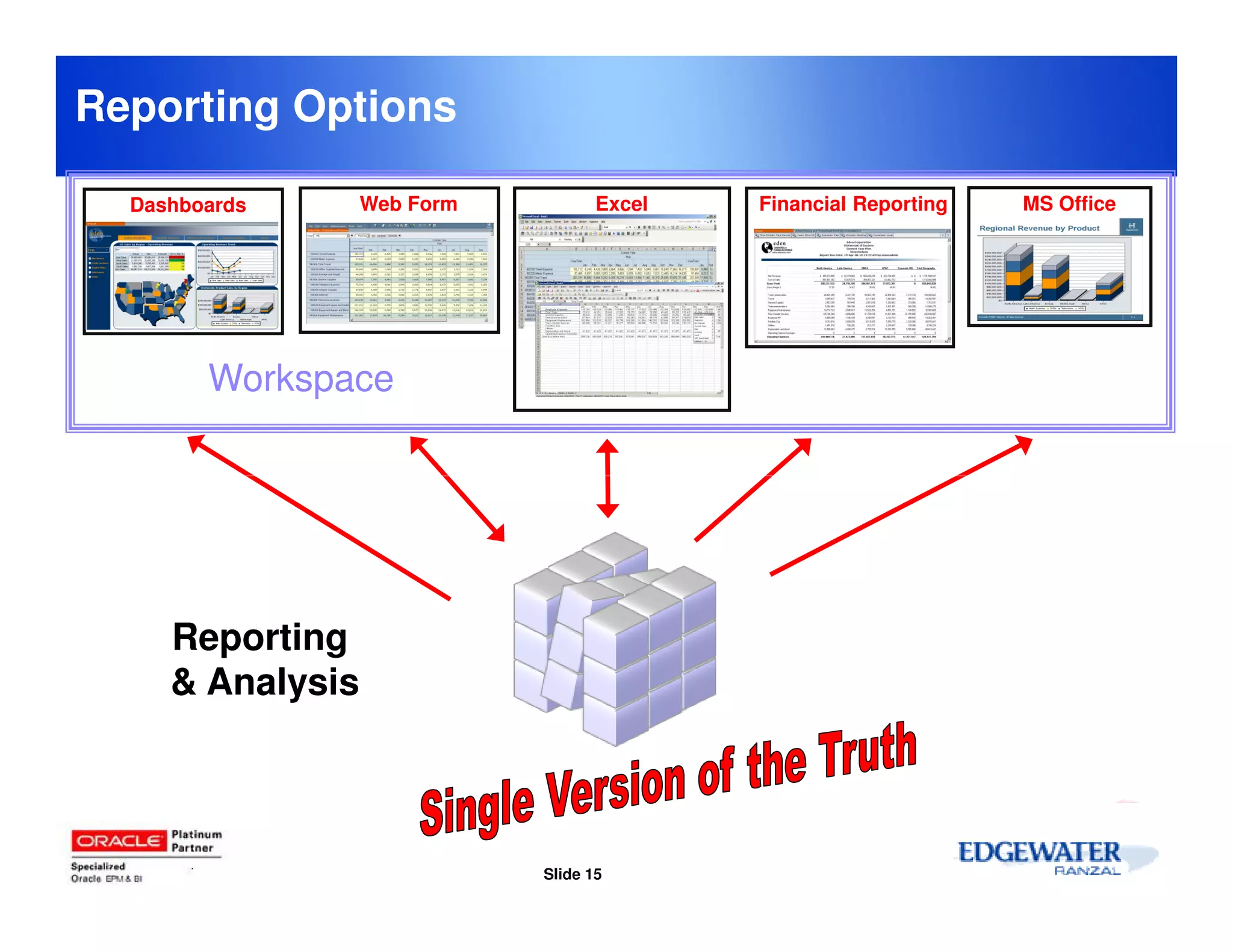Reporting Options

  Dashboards      Web Form          Excel   Financial Reporting   MS Office




        Workspace




     Reporting
     & Analysis



                             Slide 15
 