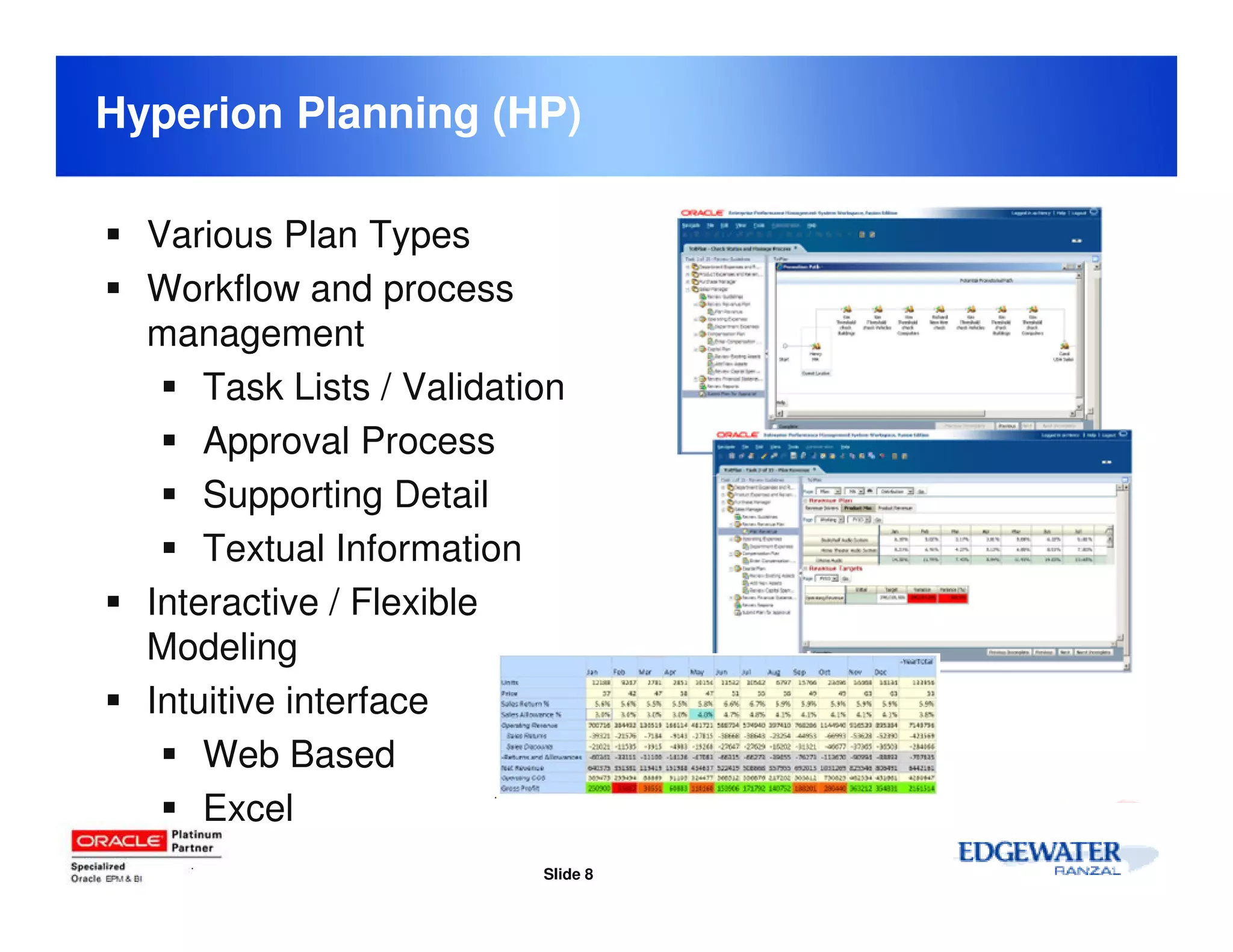 Hyperion Planning (HP)

  Various Plan Types
  Workflow and process
  management
      Task Lists / Validation
      Approval Process
      Supporting Detail
      Textual Information
  Interactive / Flexible
  Modeling
  Intuitive interface
      Web Based
      Excel
                           Slide 8
 