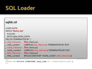 sqlldr.ctl
LOAD DATA
INFILE 'filelist.dat'
truncate
INTO table JSON_DATA
FIELDSTERMINATED BY ',‘
( clob_filename filler char(120)
, clob_content LOBFILE(clob_filename) TERMINATED BY EOF
, nclob_filename filler char(120)
, nclob_content LOBFILE(nclob_filename)TERMINATED BY EOF
, bfile_filename filler char(120)
, bfile_content BFILE(CONSTANT "JSON_LOAD", bfile_filename))
 