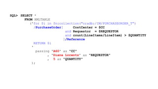 SQL> SELECT * 
FROM XMLTABLE 
('for $i in fn:collection("oradb:/IM/PURCHASEORDER_T”) 
/PurchaseOrder[ CostCenter = $CC 
and Requestor = $REQUESTOR 
and count(LineItems/LineItem) > $QUANTITY 
]/Reference 
RETURN $i 
' 
passing 'A60' as "CC" 
, 'Diana Lorentz' as "REQUESTOR" 
, 5 as "QUANTITY" 
); 
 