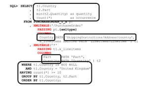 SQL> SELECT t1.Country 
, t2.Part 
, min(t2.Quantity) as quantity 
, count(*) as occurrence 
FROM PURCHASEORDER_T_X pt 
, XMLTABLE('/PurchaseOrder' 
PASSING pt.{xmltype} 
COLUMNS 
Country PATH 'ShippingInstructions/Address/country', 
x_lineitems XMLTYPE PATH 'LineItems/LineItem' ) t1 
, XMLTABLE(’*' 
PASSING t1.x_lineitems 
COLUMNS 
Part PATH 'Part', 
Quantity PATH 'Quantity' ) t2 
WHERE t1.Country is NOT NULL 
AND t1.Country = 'United Kingdom' 
HAVING count(*) >= 10 
GROUP BY t1.Country, t2.Part 
ORDER BY t1.Country; 
 