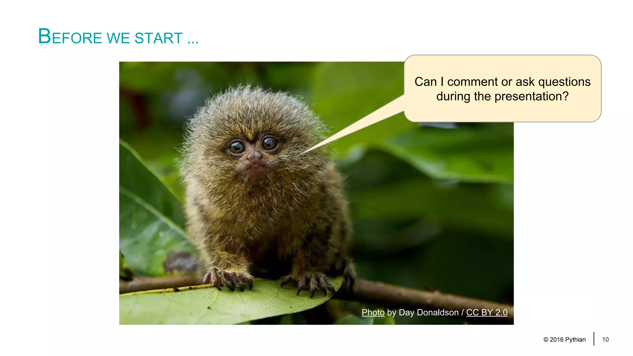 © 2016 Pythian 10 BEFORE WE START ... Can I comment or ask questions during the presentation? Photo by Day Donaldson / CC BY 2.0 