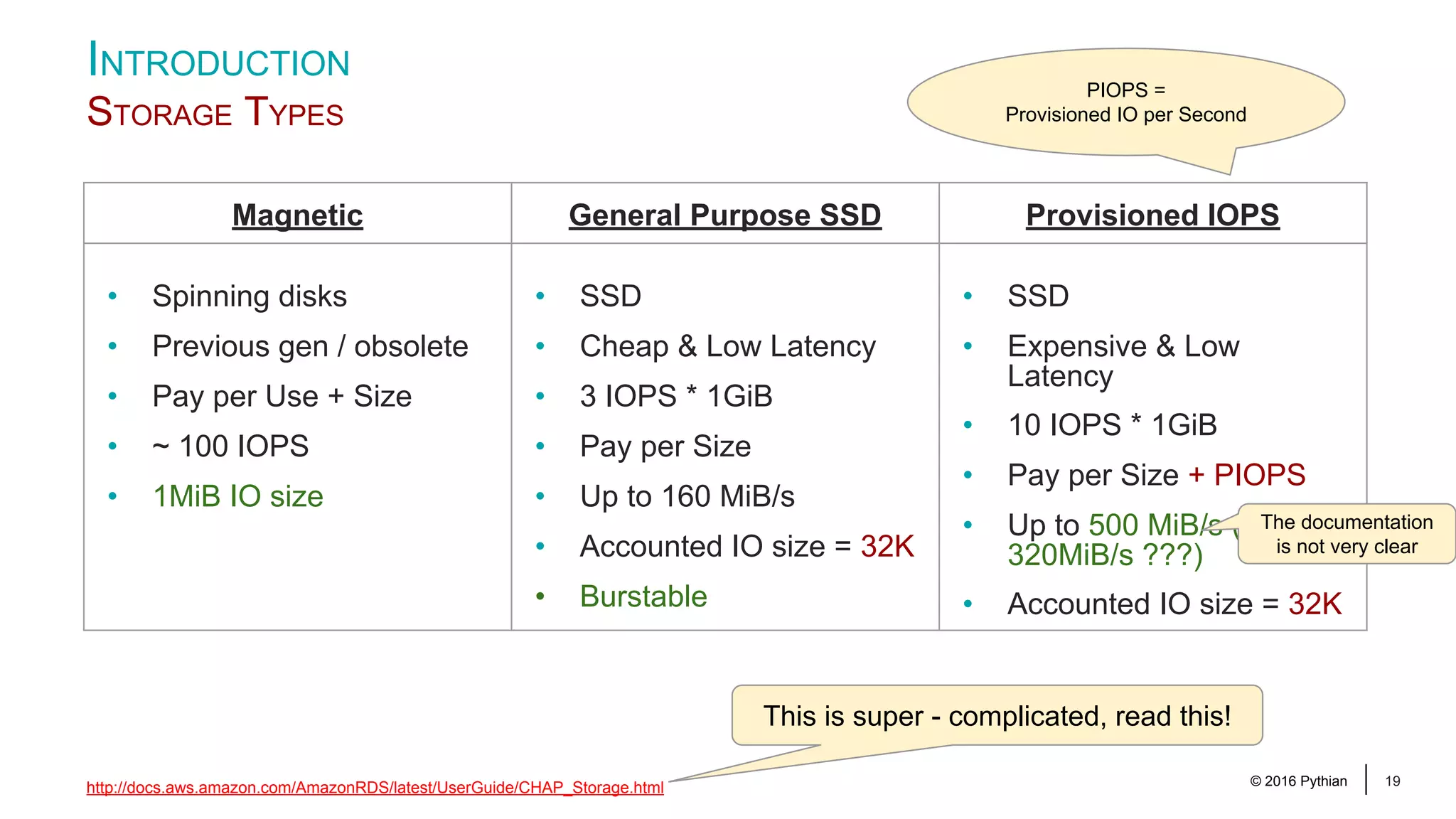 © 2016 Pythian 19 INTRODUCTION STORAGE TYPES http://docs.aws.amazon.com/AmazonRDS/latest/UserGuide/CHAP_Storage.html Magnetic General Purpose SSD Provisioned IOPS • Spinning disks • Previous gen / obsolete • Pay per Use + Size • ~ 100 IOPS • 1MiB IO size • SSD • Cheap & Low Latency • 3 IOPS * 1GiB • Pay per Size • Up to 160 MiB/s • Accounted IO size = 32K • Burstable • SSD • Expensive & Low Latency • 10 IOPS * 1GiB • Pay per Size + PIOPS • Up to 500 MiB/s (or 320MiB/s ???) • Accounted IO size = 32K This is super - complicated, read this! The documentation is not very clear PIOPS = Provisioned IO per Second 