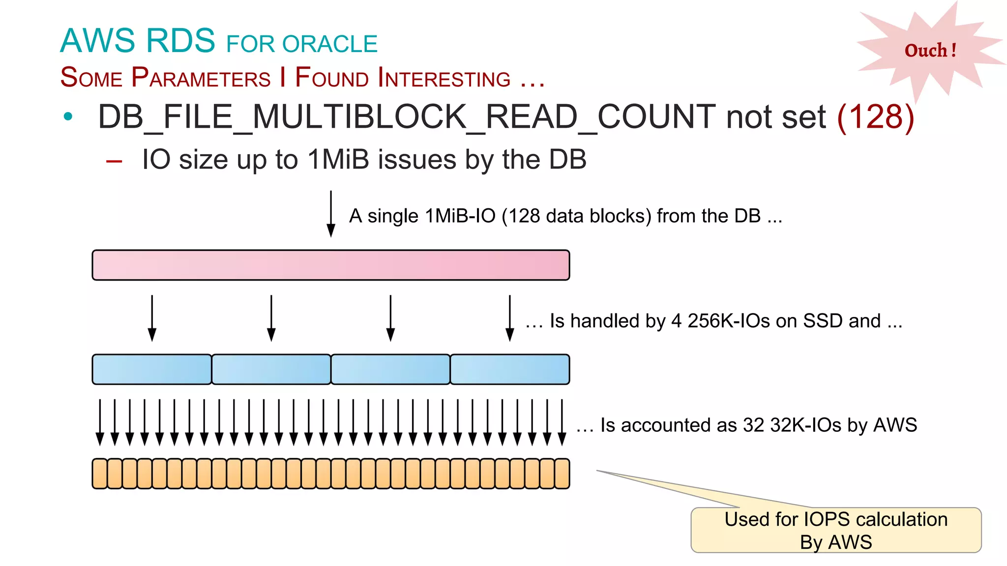 © 2016 Pythian 26 • DB_FILE_MULTIBLOCK_READ_COUNT not set (128) – IO size up to 1MiB issues by the DB AWS RDS FOR ORACLE SOME PARAMETERS I FOUND INTERESTING … Ouch ! A single 1MiB-IO (128 data blocks) from the DB ... … Is handled by 4 256K-IOs on SSD and ... … Is accounted as 32 32K-IOs by AWS Used for IOPS calculation By AWS 