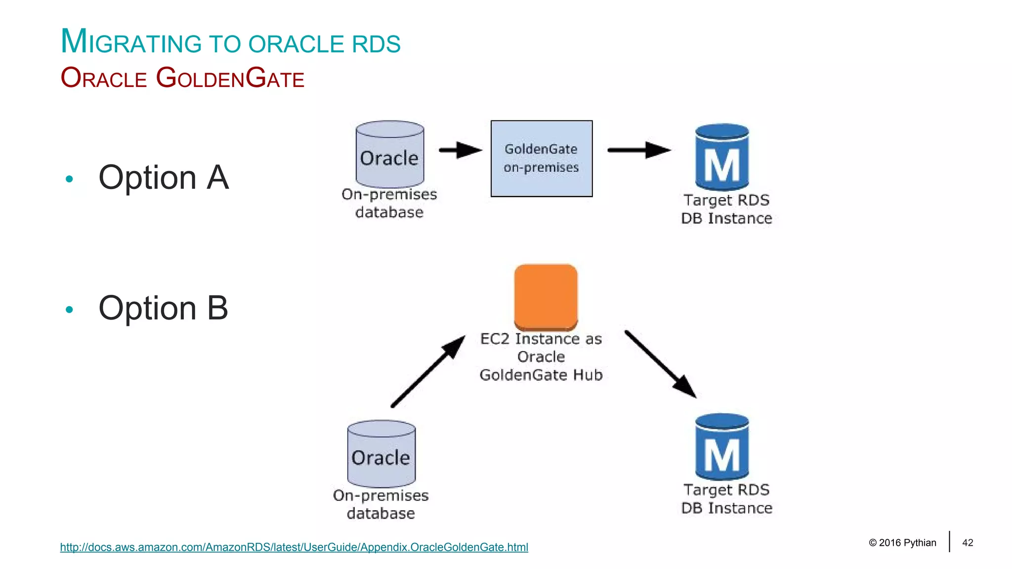 © 2016 Pythian 42 MIGRATING TO ORACLE RDS ORACLE GOLDENGATE • Option A • Option B http://docs.aws.amazon.com/AmazonRDS/latest/UserGuide/Appendix.OracleGoldenGate.html 