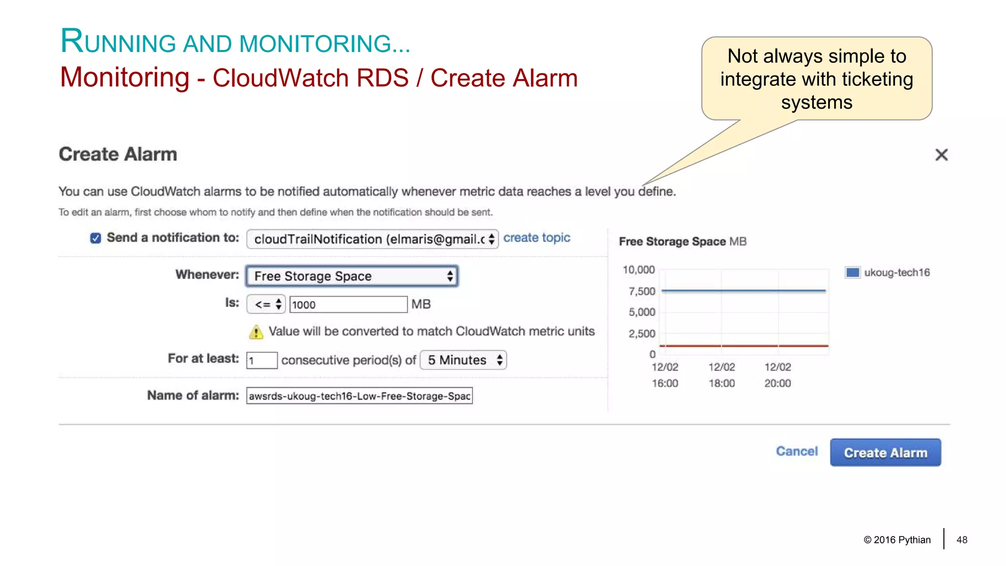 © 2016 Pythian 48 RUNNING AND MONITORING... Monitoring - CloudWatch RDS / Create Alarm Not always simple to integrate with ticketing systems 
