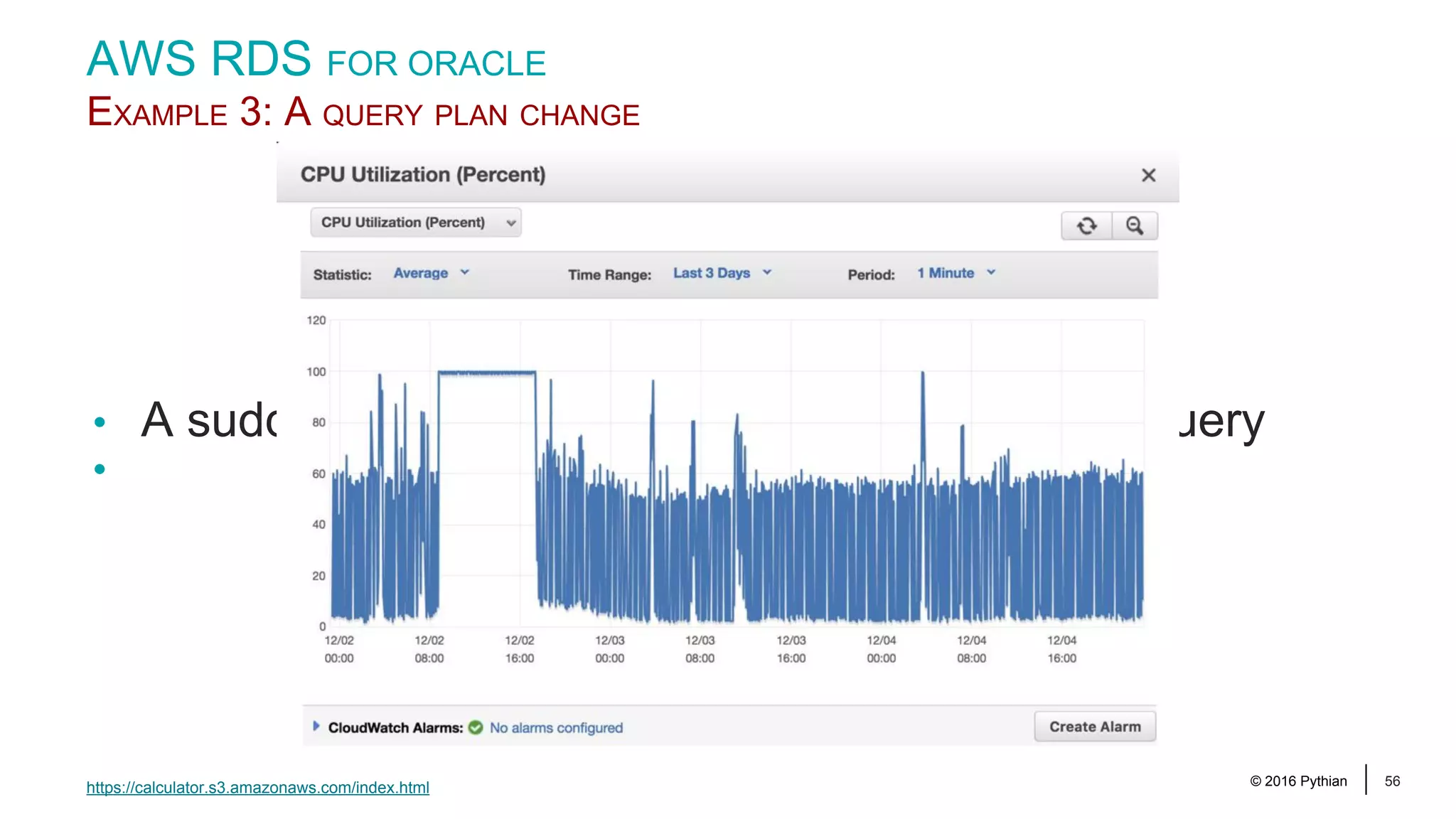 © 2016 Pythian 56 • A sudden execution plan change for a popular query • AWS RDS FOR ORACLE EXAMPLE 3: A QUERY PLAN CHANGE https://calculator.s3.amazonaws.com/index.html 