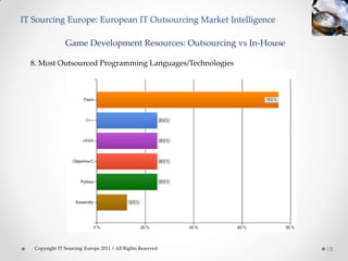 IT Sourcing Europe: European IT Outsourcing Market Intelligence

                Game Development Resources: Outsourcing vs In-House

  8. Most Outsourced Programming Languages/Technologies




   Copyright IT Sourcing Europe 2011 | All Rights Reserved            13
 