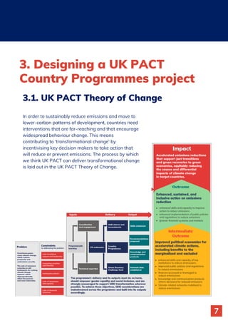 7
3. Designing a UK PACT
Country Programmes project
In order to sustainably reduce emissions and move to
lower-carbon patterns of development, countries need
interventions that are far-reaching and that encourage
widespread behaviour change. This means
contributing to ‘transformational change’ by
incentivising key decision makers to take action that
will reduce or prevent emissions. The process by which
we think UK PACT can deliver transformational change
is laid out in the UK PACT Theory of Change.
3.1. UK PACT Theory of Change
 