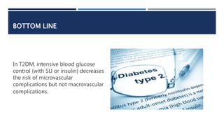 BOTTOM LINE
In T2DM, intensive blood glucose
control (with SU or insulin) decreases
the risk of microvascular
complication...