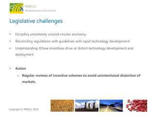 Copyright © NNFCC 2015.
Legislative challenges
• EU policy uncertainty around circular economy.
• Reconciling regulations ...