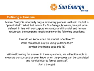 Defining a Timeline
Market “entry” is inherently only a temporary process until said market is
“penetrated.” What that means for SunEnergy, however, has yet to be
defined. In line with our corporate strategy and financial and human
resources, the company needs to answer the following questions:
How do we know when the market is “entered?”
What milestones are we using to define this?
In what time frame does this fit?
Without knowing the answer to these questions, we will not be able to
measure our success or even know when the process can be completed
and handed over to formal sale staff.
Just a thought.
 