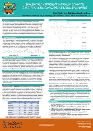 Smallworld : Efficient maximum common
substructure searching of large databases
Roger Sayle, Jose Batista and Andrew Grant
NextMove Software Ltd, Cambridge, UK and AstraZeneca R&D, Alderley Park, UK
10. Bibliography
1. Alberto Sanfeliu and K.S. Fu, “A Distance Measure between Attributed Relational Graphs
for Pattern Recognition”, IEEE Transactions of Systems, Man and Cybernetics (SMC), Vol.
13, No. 3, pp. 353-363, 1983.
2. Horst Bunke, “On a Relation between Graph Edit Distance and Maximum Common
Subgraph”, Pattern Recognition Letters, Vol. 18, No. 8, pp. 689-694, 1997.
3. Horst Bunke and Kim Shearer, “A Graph Distance Metric Based on the Maximal Common
Subgraph”, Pattern Recognition Letters, Vol. 19, pp. 255-259, 1998.
4. Bruno T. Messmer and Horst Bunke, “Subgraph Isomorphism in Polynomial Time”,
Technical Report, University of Berlin, 1995.
5. Bruno T. Messmer and Horst Bunke, “Subgraph Isomorphism Detection in Polynomial
Time on Preprocessed Model Graphs”, In Proceedings of the Asian Conference on
Computer Vision (ACCV), pp. 151-155, 1995.
NextMove Software Limited
Innovation Centre (Unit 23)
Cambridge Science Park
Milton Road, Cambridge
England CB4 0EY
www.nextmovesoftware.co.uk
www.nextmovesoftware.com
1. Overview
We report a novel chemical database search method based upon explicit
representation of chemical space. A pre-computed index allows the exact size of
the maximum common edge subgraph (MCES) between a query molecule and
molecules in the index to be calculated rapidly. In practice, this allows the 100
nearest neighbours having the largest MCES to a query molecule to be
determined in a few seconds, even for target databases containing millions of
molecules. This work builds upon the previous efforts of Wipke and Rogers in the
late 1980s and of Messmer and Bunke in the 1990s, but takes advantage of the
dramatic advances in parallel processing and storage technology now available to
researchers.
7. SmallWorld Database Index Size
Here we describe some features of a small SmallWorld index used as a proof-of-
concept and to prototype alternative database construction, incremental update,
maintenance and search implementations.
This “anonymous” (element and bond order suppressed) database was seeded
with the contents of the NCBI PubChem and Accelrys MDDR databases. The
resulting (incompletely enumerated) index contained 69 million nodes and 557
million edges, requiring around 40 Gbytes of disk space. Projections based on
these experiments indicate a 95% indexed pharmaceutical registry database of a
few million compounds should fit in a few terabytes of storage [costing a few
hundred dollars at current prices].
The average degree of each node is between 16 and 17 edges. Of the 69 million
nodes, 27 million represent acyclic graphs, and 21 million represent graphs with a
single ring. Of the 557 million edges, 205 million are ring deletion edges and 352
are terminal bond deletion edges.
A Briem & Lessel benchmark run, searching for the (up to) 10 nearest neighbours
of each of 380 drug-sized query molecules takes 8 minutes 42 seconds (less than
1.4 seconds per query) on a single thread on an Intel i7-2600 with 16 Gbytes RAM.
The median distance for each search to search was 8 edits, with the shortest
search finishing after just two edits and the furthest search reaching 24 edits.
Run times can be reduced to 7 minutes, by limiting searches to 10 edits. The
worst-case “wave-front” size was 6,624,624 nodes which occurred at distance 9.
9. Conclusions
• The sub-linear behaviour of SmallWorld’s nearest neighbour search makes it
faster than fingerprint-based similarity methods for sufficiently large data sets.
• This is thanks to the “blessing of dimensionality”
• With continual advances in computer hardware, SmallWorld-like approaches
are likely to become the basis of most chemical similarity calculations within a
decade.
7. SmallWorld Database Index Statistics
1. Abstract
8. Conclusions
10. Bibliography
2. 2D Chemical Similarity
Most 2D chemical similarity methods, including fingerprints, may be considered
“local” methods, where a molecular graph is reduced to a vector of features, and
similarity between these vectors treated as a surrogate of graph similarity. This
reduction to 1D similarity results in a number of artefacts; binary fingerprints such
as ECFP, MACCS keys and Daylight fingers saturate and fail to distinguish alkanes,
peptides or nucleic acids. “All the right notes, not necessarily the right order”.
These artefacts mean existing method don’t always match chemist’s intuition.
2. 2D Chemical Similarity
3. Analogy to Evolution of Bioinformatics
The mathematic concept of string edit distance as a similarity measure between
strings was introduced by Vladimir Levenshtein in 1965, as the minimum number
of insertions, deletions and substitutions to transform one string into another.
Thanks to the efficient dynamic programming algorithms of Needleman and
Wunsh, and Smith and Waterman, edit distance now underpins modern biological
sequence comparison. Prior to this, methods were restricted to “local” heuristic
methods, comparing vectors of k-tuples (short runs of characters).
3. Analogy to Evolution of Bioinformatics
6. SmallWorld Chemical Universe
Daylight Tanimoto: 0.44 Daylight Tanimoto: 0.39
4. Graph Edit Distance (GED) and Maximum Common Subgraph (MCS)
Graph Edit Distance (GED) as an analogous concept for similarity between graphs
was introduced by Sanfeliu and Ku in 1983 [1], and was shown to be related to the
Maximum Common Subgraph (MCS) by Bunke in 1997 [2,3]. Given the size of the
MCS between two molecules one can determine the edit distance, and likewise
given the edit distance it is possible to calculate the size of the MCS. Although
intuitive to chemists, the NP-Hard computational complexity of calculating the
MCS of two molecules has traditionally prohibited its practical use in chemical
database searching.
4. Graph Edit Distance (GED) and Maximum Common Subgraph (MCS)
5. SmallWorld
NextMove Software’s SmallWorld finesses these issues by taking advantage of
recent advances in computer science and technology, using pre-computation to
make MCS/GED searching faster than fingerprint based searches. Conceptually,
SmallWorld explicitly encodes the relationship between molecular graphs and all
of their possible subgraphs. Edit Distance and MCS queries become “Big Data”
graph neighbour problems much like those encountered in social network sites
(like LinkedIn or Facebook), or Graph500 supercomputer benchmarks. Advanced
algorithms and current storage technology allow management of databases of
many billions of subgraphs, orders of magnitude larger than current chemical
databases.
Unique subgraph counts (SGs) of drug-like molecules, supressing bond orders and
either preserving (elem) or suppressing (anon) atomic numbers [i.e. topologies].
5. SmallWorld
Name Atoms MW Anon SGs Elem SGs
Aspirin 13 180 127 332
Ranitidine 21 314 436 1,207
Clopidrogel 21 322 10,071 22,170
Amlodipine 28 409 58,139 147,128
Lisinopril 29 405 24,619 34,496
Gefitinib 31 447 190,901 337,174
Atorvastatin 41 559 3,638,523 6,019,427
7 bonds
6 bonds
5 bonds
4 bonds
3 bonds
2 bonds
1 bond
 