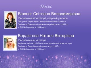 Досьє
Білоног Світлана Володимирівна
Учитель вищої категорії, старший учитель
Заступник директора з навчально-виховної роботи
Закінчила Донецький державний університет (1991р.)
У ЗШ №6 працює з 1994 року



Бордюгова Наталя Вікторівна
Учитель вищої категорії
Керівник шкільного МО вчителів української мови та л-ри
Закінчила Дрогобицький педінститут (1997р.)
У ЗШ №6 працює з 1995 року
 