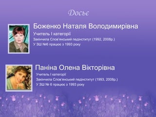 Досьє
Боженко Наталя Володимирівна
Учитель І категорії
Закінчила Слов’янський педінститут (1992, 2008р.)
У ЗШ №6 працює з 1993 року




 Паніна Олена Вікторівна
 Учитель І категорії
 Закінчила Слов’янський педінститут (1993, 2008р.)
 У ЗШ № 6 працює з 1993 року
 