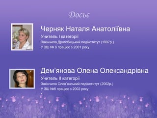Досьє
Черняк Наталя Анатоліївна
Учитель І категорії
Закінчила Дрогобицький педінститут (1997р.)
У ЗШ № 6 працює з 2001 року




Дем’янова Олена Олександрівна
Учитель ІІ категорії
Закінчила Слов’янський педінститут (2002р.)
У ЗШ №6 працює з 2002 року
•
 