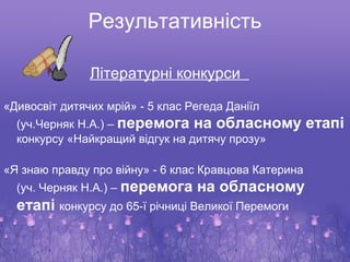 Результативність

               Літературні конкурси

«Дивосвіт дитячих мрій» - 5 клас Регеда Даніїл
  (уч.Черняк Н.А.) – перемога на обласному             етапі
  конкурсу «Найкращий відгук на дитячу прозу»

«Я знаю правду про війну» - 6 клас Кравцова Катерина
  (уч. Черняк Н.А.) – перемога    на обласному
  етапі конкурсу до 65-ї річниці Великої Перемоги
 
