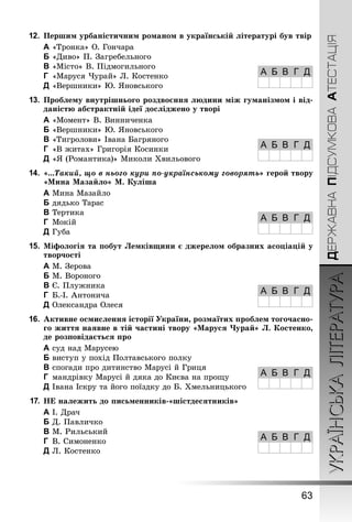 УКРАЇНСЬКА ЛІТЕРАТУРА 
63 
ДЕРЖАВНА ПІДСУМКОВА АТЕСТАЦІЯ 
12. Першим урбаністичним романом в українській літературі був твір 
A «Тронка» О. Гончара 
B «Диво» П. Загребельного 
C «Місто» В. Підмогильного 
D «Маруся Чурай» Л. Костенко 
E «Вершники» Ю. Яновського 
13. Проблему внутрішнього роздвоєння людини між гуманізмом і від- 
даністю абстрактній ідеї досліджено у творі 
A «Момент» В. Винниченка 
B «Вершники» Ю. Яновського 
C «Тигролови» Івана Багряного 
D «В житах» Григорія Косинки 
E «Я (Романтика)» Миколи Хвильового 
14. «...такий, що в нього кури по-українському говорять» герой твору 
«Мина Мазайло» М. Куліша 
A Мина Мазайло 
B дядько Тарас 
C Тертика 
D Мокій 
E Губа 
15. Міфологія та побут Лемківщини є джерелом образних асоціацій у 
творчості 
A М. Зерова 
B М. Вороного 
C Є. Плужника 
D Б.-І. Антонича 
E Олександра Олеся 
16. Активне осмислення історії України, розмаїтих проблем тогочасно- 
го життя наявне в тій частині твору «Маруся Чурай» Л. Костенко, 
де розповідається про 
A суд над Марусею 
B виступ у похід Полтавського полку 
C спогади про дитинство Марусі й Гриця 
D мандрівку Марусі й дяка до Києва на прощу 
E Івана Іскру та його поїздку до Б. Хмельницького 
17. НЕ належить до письменників-«шістдесятників» 
A І. Драч 
B Д. Павличко 
C М. Рильський 
D В. Симоненко 
E Л. Костенко 
А Б В Г Д 
А Б В Г Д 
А Б В Г Д 
А Б В Г Д 
А Б В Г Д 
А Б В Г Д 
 