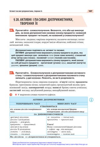 107
Активні іпасивні дієприкметники, творення їх
§20. АКТИВНІ І ПАСИВНІ ДІЄПРИКМЕТНИКИ,
ТВОРЕННЯ ЇХ
220 Прочитайте словосполучення. Визначте, хто або що виконує
дію, за якою дієприкметник називає ознаку предмета: названий
іменником предмет чи інший, не названий у словосполученні?
Мисляча людина; омріяна перемога; палаюче вогнище; погас-
лий вогонь; запалені іскри; порум’яніле обличчя; побілені стіни;
затихаючий спів.
Дієприкметники поділяють на активні та пасивні.
АКТИВНІ дієприкметники виражають ознаку предмета за дією, яку
цей предмет виконує сам: зеленіюче поле (поле саме зеленіє); стихаючий
вітер (вітер сам стихає); посивілий чоловік (чоловік сам посивів).
ПАСИВНІ дієприкметники виражають ознаку предмета, який зазнає
на собі дії іншого предмета: прочитаний (учнем) вірш; вишитий (матір’ю)
рушник; зрошена (дощем) трава.
221 Прочитайте. Словосполучення з дієприкметниками активного
стану і словосполучення з дієприкметниками пасивного стану
запишіть у дві колонки. Поясніть, як ви їх розрізняєте.
Перетворююча сила; омріяна подорож; в’янучі квіти; працююча
бджола; проспівана пісня; лунаючий крик; організуючий вплив; орга-
нізований захід; завмираючий акорд; навислі брови; сяюча усмішка;
застиглий погляд; загублений ранець; викарбуваний напис.
У виділених словах позначте суфікси.
АКТИВНІ ДІЄПРИКМЕТНИКИ
ТЕПЕРІШНЬОГО ЧАСУ МИНУЛОГО ЧАСУ
УТВОРЮЮТЬСЯ
від основи дієслів теперішнього
часу
від основи неозначеної форми
неперехідних дієслів доконаного виду
ЗА ДОПОМОГОЮ СУФІКСІВ
-уч-(-юч-) від основ
дієслів І дієвідміни:
ріжуть — ріж учий,
працюють — працю ючий
-ач-(-яч-) від основ
дієслів ІІ дієвідміни:
лежать — леж ачий,
стоять — сто ячий
-л-: посивіти — посиві лий,
прикипіти — прикипі лий
Увага!
Якщо в неозначеній формі дієслова
є суфікс -ну-, він випадає:
засохнути — засох лий,
пожовкнути — пожовк лий
Від дієслів на -ся дієприкметники не утворюються.
Право для безоплатного розміщення підручника в мережі Інтернет має
Міністерство освіти і науки України http://mon.gov.ua/ та Інститут модернізації змісту освіти https://imzo.gov.ua
 