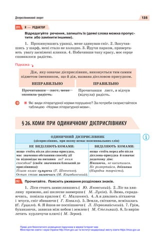 135
Дієприслівниковий зворот
291 Я — РЕДАКТОР
Відредагуйте речення, запишіть їх (деякі слова можна пропус-
тити або замінити іншими).
1. Прокинувшись уранці, мене здивував сніг. 2. Закутав-
шись у шарф, мені стало не холодно. 3. Йдучи парком, приверта-
ють увагу засніжені ялинки. 4. Побачивши таку красу, моє серце
сповнилося радістю.
Підказка
Дія, яку означає дієприслівник, виконується тим самим
підметом-іменником, що й дія, названа дієсловом-присудком.
НЕПРАВИЛЬНО ПРАВИЛЬНО
Прочитавши лист, мене
охопила радість.
Прочитавши лист, я відчув
(відчула) радість.
Які види літературної норми порушено? За потреби скористайтеся
таблицею «Норми літературної мови».
§26. КОМИ ПРИ ОДИНИЧНОМУ ДІЄПРИСЛІВНИКУ
ОДИНИЧНИЙ ДІЄПРИСЛІВНИК
(дієприслівник, при якому немає пояснювальних слів)
НЕ ВИДІЛЯЮТЬ КОМАМИ: ВИДІЛЯЮТЬ КОМАМИ:
якщо стоїть після дієслова-присудка,
має значення обставини способу дії
та відповідає на питання як? яким
способом? (своїм значенням близький до
прислівника):
Пішов козак сумуючи (Т. Шевченко).
Остап стояв вагаючись (М. Коцюбинський).
якщо стоїть перед або після
дієслова-присудка й означає
додаткову дію:
Нюхаючи, не наситишся.
Не розвертайся, доїхавши
(Народна творчість).
292 Прочитайте. Поясніть уживання розділових знаків.
1. Ліси стоять замислившись ( Ю. Яновський). 2. Ліс на хви-
лину примовк, ані шелесне завмерши ( М. Луків). 3. Зима, скрада-
ючись, повіяла крилом ( Є. Маланюк). 4. А я дивлюсь зітхаючи
і мчуся, сніг збиваючи ( Г. Коваль). 5. Земля, світаючи, всміхалась
(Є. Гуцало). 6. Я йшов не поспішаючи ( Л. Первомайський). 7. Грім,
бухикаючи, зависав між небом і землею ( М. Стельмах). 8. Із вирію
летять курличучи ключі ( М. Зеров).
Право для безоплатного розміщення підручника в мережі Інтернет має
Міністерство освіти і науки України http://mon.gov.ua/ та Інститут модернізації змісту освіти https://imzo.gov.ua
 