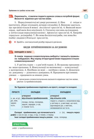 187
Прийменник як службова частина мови
423 Перепишіть, ставлячи подані в дужках слова в потрібній формі.
Визначте відмінки цих частин мови.
1. Перед (чемність) всі двері розчинені. 2. Пих à снідає в
(достаток), обідає в (злидні), вечеряє в (ганьба). 3. Винному здається,
що про (він) тільки й мови ( Англійські прислів’я). 4. Виявляй мило-
сердя, щоб мати його від (інші). 5. Спочатку поглянь на (людина),
а потім клади перед (вона) килим ( Афганські прислів’я). 6. Хвороби
горнуться до (нероба). 7. Як нема без (кістка) риби, так нема без
(хиба) людини ( Німецькі прислів’я).
Зробіть синтаксичний розбір першого речення.
ВИДИ ПРИЙМЕННИКІВ ЗА БУДОВОЮ
424 ПОПРАЦЮЙТЕ В ПАРАХ
З-поміж поданих словосполучень виберіть і запишіть правиль-
но побудовані. Яку норму літературної мови порушено в інших
словосполученнях?
1. У дев’ять годин — о дев’ятій годині. 2. По вашому проханню —
на ваше прохання. 3. Консультації по математиці — консультації
з математики. 4. Посібник по мові — посібник з мови. 5. Дізнатися
по довіднику — дізнатися з довідника. 6. Працювати при певних
умовах — працювати за певних умов.
У записаних словосполученнях визначте відмінки частин мови,
ужитих із прийменниками.
За будовою прийменники поділяють на прості, складні та складені.
ПРОСТІ СКЛАДНІ СКЛАДЕНІ
з, за, в (у),
до, між,
через
та ін.
утворені
від кількох прийменників
утворені
від кількох слів
понад, попід, посеред,
задля, заради, з-за,
з-поміж та ін.
поруч з, згідно з, незалежно від,
у зв’язку з, у вигляді, на чолі,
відповідно до, з метою,
незважаючи на та ін.
Складні прийменники, що починаються із з (із), пишуть через
дефіс: з-за (із-за), з-над, з-під, з-поміж, з-перед.
Інші складні прийменники пишуть разом: поза, поперед.
дефіс у прийменниках
ОРФОГРАМА:
Право для безоплатного розміщення підручника в мережі Інтернет має
Міністерство освіти і науки України http://mon.gov.ua/ та Інститут модернізації змісту освіти https://imzo.gov.ua
 