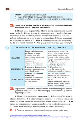 202 Морфологія. Орфографія
ЧАСТКА — службова частина мови, яка:
• надає слову або реченню додаткових відтінків значення;
• служить засобом творення граматичних форм слів та похідних слів.
461 Прочитайте античні прислів’я. Розкажіть про значення і вживання
виділених часток. Звіртеся з таблицею.
1. Нехай слова не ранять! 2. Навіть тверде серце м’якне від лас-
кавих слів. 3. Невже можна бути покараним за думки? 4. Людина
визнавала б свої помилки, якби її порадником був час. 5. Усе, що
робиш, роби лише розумно, думаючи про наслідки. 6. Немає диму, який
не привів би до полум’я. 7. Хіба ж незнання вважається за провину?
8. Не переставай учитися! 9. Хай у здоровому тілі буде здоровий дух!
ЗА ЗНАЧЕННЯМ І ВЖИВАННЯМ ЧАСТКИ ПОДІЛЯЮТЬ НА:
МОДАЛЬНІ
Вносять різні смислові
відтінки в речення
(ствердження або
заперечення, питання,
спонукання),
виражають
почуття і ставлення
мовця до висловленого
авжеж, атож, не, ні, хіба,
невже, адже, якраз, це, то,
лише, аж, ж, навіть, вже,
ось, оце, ніби, нібито та ін.
Атож, я напишу тобі листа
(Н. Фурса).
Із рабства не зліпить
свободи (С. Бурлаков).
ФОРМОТВОРЧІ
Утворюють форми дієслів
умовного та наказового
способів дієслова
би (б), хай, нехай
знав би, написала б,
хай думає, нехай почекають
СЛОВОТВОРЧІ
Служать для творення
нових слів
(у складі похідних слів
стали префіксами
та суфіксами)
аби-, де-, будь- (-будь),
-небудь, казна-, хтозна-, чи-,
що-, -сь, -ж (-же), не-, ні-,
та ін.
Дехто, будь-який, чимало,
щодня, атож, адже, отже,
ніхто, ніщо, ніякий
462 Перепишіть. З’ясуйте, за допомогою яких словотворчих часток
утворено виділені слова. На які значущі частини слова ці частки
перетворилися?
1. Помилятися властиво будь-кому. 2. Добре здоров’я краще за
абияке багатство. 3. З нічого ніщо не виникає. 4. Учитися ніколи не
пізно. 5. Якби камінь не перевертали, він би мохом обріс. 6. Щоб
стати по-справжньому мудрим, треба розуміти цінність новизни.
7. Страх ніби приєднує до ніг крила ( Античні прислів’я).
Поясніть написання виділених слів, позначте в них орфограми.
Право для безоплатного розміщення підручника в мережі Інтернет має
Міністерство освіти і науки України http://mon.gov.ua/ та Інститут модернізації змісту освіти https://imzo.gov.ua
 