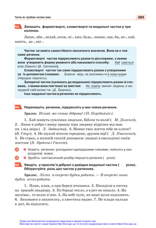 203
Частка як службова частина мови
463 Запишіть формотворчі, словотворчі та модальні частки у три
колонки.
Лише, аби-, нехай, атож, ні-, вже, будь-, невже, оце, би, не-, хай,
навіть, де-, ані-.
Частки не мають самостійного лексичного значення. Вони не є чле-
нами речення.
Формотворчі частки підкреслюють разом із дієсловами, з якими
вони утворюють форму умовного або наказового способу: Хай сміється
всім блакить! (Б. Грінченко).
Словотворчі частки так само підкреслюють разом з утвореними
за їх допомогою словами: Знаючи міру, не знатимеш ні в чому нужди
(Народна творчість).
Заперечні частки (належать до модальних) підкреслюють разом зі сло-
вами, з якими вони пов’язані за змістом: Не поміча хвилин людина, а час
прудкий свій килим тче (Д. Луценко).
Інші модальні частки в реченнях не підкреслюють.
464 Перепишіть речення, підкресліть у них члени речення.
Зразок. Нехай же співає діброва! (П. Перебийніс).
1. Хай живуть сумління людське, Біблія та воля! ( М. Доленго).
2. Лише в добро і вищу правду віра людину відрізня від мав-
пи і від звіра ( Л. Забашта). 3. Невже твоє життя тебе не кличе?
(В. Стус). 4. Не шукай ніколи середини, друзям вір! ( Д. Павличко).
5. Не страх, а мужній спокій допомагає людині в оволодінні своїм
життям (Х. Ортега-і-Гассет).
Укажіть речення, ускладнені однорідними членами, поясніть у них
розділові знаки.
Зробіть синтаксичний розбір першого речення ( усно).
465 Уведіть у прислів’я дібрані з довідки модальні частки ( усно).
Обґрунтуйте роль цих часток у реченнях.
Зразок. Легко в очереті дудки робити. — В очереті лише
дудки легко робити.
1. Плив, плив, а при березі втопився. 2. Посиділи в гостях
на призьбі знадвору. 3. По бороді текло, а в рот не попало. 4. Як
заспіває, то волос в’яне. 5. На небі чути, як ваші мухи кашляють.
6. Заховався в закапелку, а хвостика видно. 7. Не клади пальця
в рот, бо відкусить.
Право для безоплатного розміщення підручника в мережі Інтернет має
Міністерство освіти і науки України http://mon.gov.ua/ та Інститут модернізації змісту освіти https://imzo.gov.ua
 