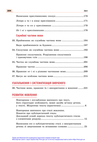 254
	 Написання прислівникових сполук.....................................170
	 Літери и та і в кінці прислівників.....................................171
	 Літери н та нн у прислівниках..........................................176
	 Не і ні з прислівниками....................................................178
	 Службові частини мови
33.	Прийменник як службова частина мови.............................184
	 Види прийменників за будовою..........................................187
34.	Сполучник як службова частина мови................................192
	 Правопис сполучників. Розрізнення сполучників
і однозвучних слів............................................................198
35.	Частка як службова частина мови......................................201
	 Правопис часток...............................................................206
36.	Правопис не і ні з різними частинами мови........................209
37.	Вигук як особлива частина мови........................................215
УЗАГАЛЬНЕННЯ І СИСТЕМАТИЗАЦІЯ ВИВЧЕНОГО
38.	Частини мови, правопис їх і використання в мовленні........221
Розвиток Мовлення
	 Повторення і поглиблення вивченого про текст,
його структурні особливості, мовні засоби зв’язку речень
у тексті. Мікротема тексту (практично)............................... 8
	 Повторення вивченого про стилі мовлення.
Поняття про публіцистичний стиль.
Докладний усний переказ тексту публіцистичного стилю
з елементами роздуму.
....................................................... 15
	 Написання есе в публіцистичному стилі з використанням
речень зі звертаннями та вставними словами...................... 25
Зміст
Право для безоплатного розміщення підручника в мережі Інтернет має
Міністерство освіти і науки України http://mon.gov.ua/ та Інститут модернізації змісту освіти https://imzo.gov.ua
 