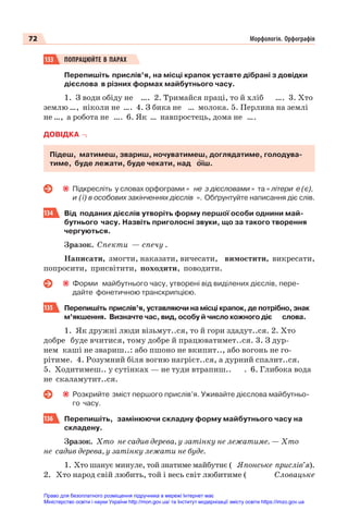 72 Морфологія. Орфографія
133 ПОПРАЦЮЙТЕ В ПАРАХ
Перепишіть прислів’я, на місці крапок уставте дібрані з довідки
дієслова в різних формах майбутнього часу.
1. З води обіду не …. 2. Тримайся праці, то й хліб …. 3. Хто
землю …, ніколи не …. 4. З бика не … молока. 5. Перлина на землі
не …, а робота не …. 6. Як … навпростець, дома не ….
ДОВІДКА
Підеш, матимеш, звариш, ночуватимеш, доглядатиме, голодува-
тиме, буде лежати, буде чекати, над îїш.
Підкресліть у словах орфограми « не з дієсловами » та « літери е (є),
и (ї) в особових закінченнях дієслів ». Обґрунтуйте написання діє слів.
134 Від поданих дієслів утворіть форму першої особи однини май-
бутнього часу. Назвіть приголосні звуки, що за такого творення
чергуються.
Зразок. Спекти — спечу .
Написати, змогти, наказати, вичесати, вимостити, викресати,
попросити, присвітити, походити, поводити.
Форми майбутнього часу, утворені від виділених дієслів, пере-
дайте фонетичною транскрипцією.
135 Перепишіть прислів’я, уставляючи на місці крапок, де потрібно, знак
м’якшення. Визначте час, вид, особу й число кожного діє слова.
1. Як дружні люди візьмут..ся, то й гори здадут..ся. 2. Хто
добре буде вчитися, тому добре й працюватимет..ся. 3. З дур-
нем каші не звариш..: або пшоно не вкипит.., або вогонь не го-
рітиме. 4. Розумний біля вогню нагрієт..ся, а дурний спалит..ся.
5. Ходитимеш.. у сутінках — не туди втрапиш.. . 6. Глибока вода
не скаламутит..ся.
Розкрийте зміст першого прислів’я. Уживайте дієслова майбутньо-
го часу.
136 Перепишіть, замінюючи складну форму майбутнього часу на
складену.
Зразок. Хто не садив дерева, у затінку не лежатиме. — Хто
не садив дерева, у затінку лежати не буде.
1. Хто шанує минуле, той знатиме майбутнє ( Японське прислів’я).
2. Хто народ свій любить, той і весь світ любитиме ( Словацьке
Право для безоплатного розміщення підручника в мережі Інтернет має
Міністерство освіти і науки України http://mon.gov.ua/ та Інститут модернізації змісту освіти https://imzo.gov.ua
 