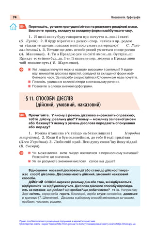74 Морфологія. Орфографія
139 Перепишіть, уставте пропущені літери та розставте розділові знаки.
Визначте просту, складну та складену форми майбутнього часу.
1. Я нині знову буду говорити про почуття в..сокі і святі
(О. Лупій). 2. Я буду мірятися з долею і спер..чатися з пр..родою
та тільки те що сам подолаю мені послужить нагородою ( С. Голо-
ванівський). 3. Устане ще день яснобарвний умиється сонце росою
(А. Малишко). 4. Ти з Правдою усе на світі змож..ш. Зустрін..ш
Кривду то стіною буд..ш. І ти її напевне пер..можеш а Правда знов
тобі покаже путь ( В. Мартинов).
Які людські почуття можна назвати високими і святими? У відпо-
віді вживайте дієслова простої, складної та складеної форм май-
бутнього часу. За потреби скористайтеся Словничком назв почуттів.
Поясніть уживання великої літери в останньому реченні.
Позначте у словах вивчені орфограми.
§11. СПОСОБИ ДІЄСЛІВ
(дійсний, умовний, наказовий)
140 Прочитайте. У якому з речень дієслова виражають справжню,
тобто дійсну, реальну дію? У якому — можливу за певної умови
або бажану? У якому з речень дієслова передають спонукання
або пораду?
1. Кожна пташина в’є гніздо на батьківщині ( Народна
творчість). 2. Коли б я був соловейком, до тебе б тоді прилітав
(Леся Українка). 3. Люби свій край. Всю душу солов’їну йому віддай
(В. Сосюра).
Чи може вислів вити гніздо вживатися в переносному значенні?
Розкрийте це значення.
Як ви розумієте значення вислову солов’їна душа?
Відношення названої дієсловом дії або стану до дійсності вира-
жає спосіб дієслова. Дієслова мають дійсний, умовний і наказовий
способи.
ДІЙСНИЙ СПОСІБ виражає реальну дію або стан, які відбуваються,
відбувалися чи відбуватимуться. Дієслова дійсного способу відповіда-
ють на питання що роблю? що зробив? що робитимемо? та ін. Наприклад:
Зорі світять, серед неба горить білолиций, верба слуха соловейка, дивиться
в криницю (Т. Шевченко). Дієслова в дійсному способі змінюються за часами,
особами, числами, родами.
Право для безоплатного розміщення підручника в мережі Інтернет має
Міністерство освіти і науки України http://mon.gov.ua/ та Інститут модернізації змісту освіти https://imzo.gov.ua
 