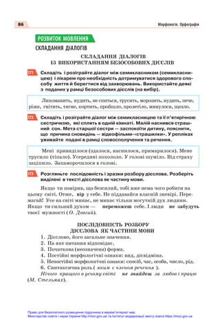 86 Морфологія. Орфографія
СКЛАДАННЯ ДІАЛОГІВ
СКЛАДАННЯ ДІАЛОГІВ
ІЗ ВИКОРИСТАННЯМ БЕЗОСОБОВИХ ДІЄСЛІВ
171 Складіть і розіграйте діалог між семикласником (семикласни-
цею) і лікарем про необхідність дотримуватися здорового спо-
собу життя й берегтися від захворювань. Використайте деякі
з поданих у рамці безособових дієслів (на вибір).
Лихоманить, нудить, не спиться, трусить, морозить, нудить, пече,
ріже, гнітить, тягне, кортить, пройшло, пролетіло, минулося, щезло.
172 Складіть і розіграйте діалог між семикласницею та її п’ятирічною
сестричкою, які сплять в одній кімнаті. Малій наснився страш-
ний сон. Мета старшої сестри — заспокоїти дитину, пояснити,
що причина сновидінь — відеофільми-«страшилки». У репліках
уживайте подані в рамці словосполучення та речення.
Мені привиділося (здалося, наснилося, примарилося). Мене
трусило (тіпало). Усередині похололо. У голові шуміло. Від страху
заціпило. Запаморочилося в голові.
173 Розгляньте послідовність і зразки розбору дієслова. Розберіть
виділені в тексті дієслова як частину мови.
Якщо ти повірив, що безсилий, тобі вже нема чого робити на
цьому світі. Отже, вір у себе. Не піддавайся власній зневірі. Пере-
магай! Усе на світі минає, не минає тільки могутній дух людини.
Якщо ти сильний духом — переможеш себе. І люди не забудуть
твоєї мужності ( О. Довгий).
ПОСЛІДОВНІСТЬ РОЗБОРУ
ДІЄСЛОВА ЯК ЧАСТИНИ МОВИ
1. Дієслово, його загальне значення.
2. На яке питання відповідає.
3. Початкова (неозначена) форма.
4. Постійні морфологічні ознаки: вид, дієвідміна.
5. Непостійні морфологічні ознаки: спосіб, час, особа, число, рід.
6. Синтаксична роль ( яким є членом речення ).
Нічого кращого в усьому світі не знайдеш за любов і працю
(М. Стельмах).
РОЗВИТОК МОВЛЕННЯ
Право для безоплатного розміщення підручника в мережі Інтернет має
Міністерство освіти і науки України http://mon.gov.ua/ та Інститут модернізації змісту освіти https://imzo.gov.ua
 