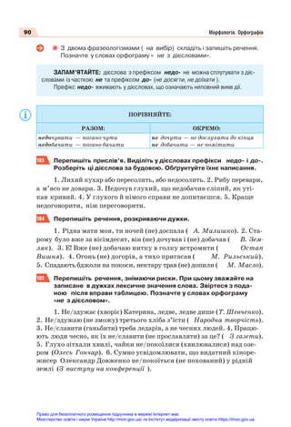 90 Морфологія. Орфографія
З двома фразеологізмами ( на вибір) складіть і запишіть речення.
Позначте у словах орфограму « не з дієсловами».
ЗАПАМ’ЯТАЙТЕ: дієслова з префіксом недо- не можна сплутувати з діє-
словами із часткою не та префіксом до- (не досягти, не доїхати ).
Префікс недо- вживають у дієсловах, що означають неповний вияв дії.
ПОРІВНЯЙТЕ:
РАЗОМ: ОКРЕМО:
недочувати — погано чути
недобачати — погано бачити
не дочути — не дослухати до кінця
не добачити — не помітити
183 Перепишіть прислів’я. Виділіть у дієсловах префікси недо- і до-.
Розберіть ці дієслова за будовою. Обґрунтуйте їхнє написання.
1. Лихий кухар або пересолить, або недосолить. 2. Рибу перевари,
а м’ясо не довари. 3. Недочув глухий, що недобачив сліпий, як уті-
кав кривий. 4. У глухого й німого справи не допитаєшся. 5. Краще
недоговорити, ніж переговорити.
184 Перепишіть речення, розкриваючи дужки.
1. Рідна мати моя, ти ночей (не) доспала ( А. Малишко). 2. Ста-
рому було вже за вісімдесят, він (не) дочував і (не) добачав ( В. Зем-
ляк). 3. Е! Вже (не) добачаю нитку в голку встромити ( Остап
Вишня). 4. Огонь (не) догорів, а тихо пригасав ( М. Рильський).
5. Спадають бджоли на покоси, нектару трав (не) допили ( М. Масло).
185 Перепишіть речення, знімаючи риски. При цьому зважайте на
записане в дужках лексичне значення слова. Звіртеся з пода-
ною після вправи таблицею. Позначте у словах орфограму
«не з дієсловом».
1. Не/здужає (хворіє) Катерина, ледве, ледве дише (Т. Шевченко).
2. Не/здужаю (не зможу) третього хліба з’їсти ( Народна творчість).
3. Не/славити (ганьбити) треба ледарів, а не чесних людей. 4. Працю-
ють люди чесно, як їх не/славити (не прославляти) за це? ( З газети).
5. Глухо зітхали хвилі, чайки не/покоїлися (хвилювалися) над озе-
ром (Олесь Гончар). 6. Сумно усвідомлювати, що видатний кіноре-
жисер Олександр Довженко не/покоїться (не похований) у рідній
землі (З виступу на конференції ).
Право для безоплатного розміщення підручника в мережі Інтернет має
Міністерство освіти і науки України http://mon.gov.ua/ та Інститут модернізації змісту освіти https://imzo.gov.ua
 