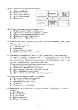 11
39. На схемі окреслено проблематику твору
А «Зачарована Десна»
Б «Кайдашева сім’я»
В «Тіні забутих предків»
Г «Моя автобіографія»
Д «Intermezzo»
40. У жанрі новели написано обидва твори рядка
А «Я (Романтика)» і «Моя автобіографія»
Б «Три зозулі з поклоном» і «Майстер корабля»
В «Valse melancolique» і «Зачарована Десна»
Г «Камінний хрест» і «Захар Беркут»
Д «Intermezzo» і «Модри Камень»
41. Підзаголовок «Образ громадського життя Карпатської Руси в ХІІІ віці» має
твір
А «Тіні забутих предків»
Б «Захар Беркут»
В «Чорна рада»
Г «Слово про похід Ігорів»
Д «Хіба ревуть воли, як ясла повні?»
42. Прочитайте фрагмент листа Василя Стуса, у якому пропущено окремі слова.
«А смисл … – такий, як Ти й пишеш. Бо … – це мрія, це коротке сонце в сірому
житті, це свято, Великдень душі. А … – це сірі будні, це сало з часником,
це повна макітра вареників і жодної зірки над головою. Одне слово, … – це
трагедія журавля в небі і гопак свиней на оборі».
Правильним є варіант послідовного заповнення пропусків
А «Енеїди»; Лавинія; Дідона; поема
Б «Тигроловів»; Фійона; Наталка; роман
В «Лісової пісні»; Мавка; Килина; драма-феєрія
Г «Міста»; Надійка; Зоська; роман
Д «Тіней забутих предків»; Палагна; Марічка; повість
43. Зразком неокласичної інтимної лірики є твір
А «У теплі дні збирання винограду…»
Б «Ви знаєте, як липа шелестить…»
В «Чого являєшся мені у сні?..»
Г «Чари ночі»
Д «Задивляюсь у твої зіниці…»
44. Образ весни, яка «лине вся в прозорих шатах, у серпанках і блаватах»,
створив
А Іван Франко
Б Олександр Олесь
В Павло Тичина
Г Микола Вороний
Д Максим Рильський
 