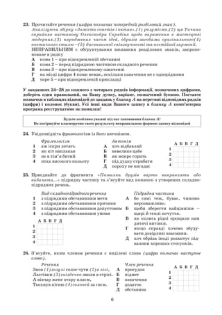 6
У завданнях 24–28 до кожного з чотирьох рядків інформації, позначених цифрами,
доберіть один правильний, на Вашу думку, варіант, позначений буквою. Поставте
позначки в таблицях відповідей до завдань у бланку А на перетині відповідних рядків
(цифри) і колонок (букви). Усі інші види Вашого запису в бланку А комп’ютерна
програма реєструватиме як помилки!
Будьте особливо уважні під час заповнення бланка А!
Не погіршуйте власноручно свого результату неправильною формою запису відповідей
24. Увідповідніть фразеологізм із його антонімом.
Фразеологізм
1 аж іскри летять
2 як кіт наплакав
3 не в тім’я битий
4 птах високого польоту
Антонім
А хоч відбавляй
Б невелике цабе
В як мокре горить
Г під дудку стрибати
Д пороху не вигадає
25. Приєднайте до фрагмента «Помилки друзів варто виправляти або
вибачати,..» підрядну частину та з’ясуйте вид кожного з утворених складно-
підрядних речень.
Вид складнопідрядного речення
1 з підрядним обставинним мети
2 з підрядним обставинним причини
3 з підрядним обставинним допустовим
4 з підрядним обставинним умови
Підрядна частина
А бо самі теж, буває, чинимо
нерозважливо.
Б щоби зберегти найцінніше –
щирі й теплі почуття.
В як колись рідні прощали нам
дитячі витівки.
Г якщо справді хочемо збуду-
вати довірливі взаємини.
Д хоч образа іноді розхитує під-
валини хороших стосунків.
26. З’ясуйте, яким членом речення є виділені слова (цифра позначає наступне
слово).
Речення
Знов (1)зозулі голос чути (2)в лісі,
Ластівки (3)гніздечко звили в стрісі.
А вівчар жене отару плаєм,
Тьохнув пісню (4)соловей за гаєм.
Член речення
А присудок
Б підмет
В означення
Г додаток
Д обставина
23. Прочитайте речення (цифра позначає попередній розділовий знак).
Аналізуючи збірку «Замість сонетів і октав»,(1) розуміємо,(2) що Тичина
сприйняв настанову Олександра Скрябіна щодо вираження в мистецтві
модерних,(3) народжених часом ідей, образів засобами оригінального(4)
поетичного стилю –(5) дисонансної співзвучності та нестійкої гармонії.
НЕПРАВИЛЬНИМ є обґрунтування вживання розділових знаків, запропо-
новане в рядку
А кома 1 – при відокремленій обставині
Б кома 2 – перед підрядною частиною складного речення
В кома 3 – при відокремленому означенні
Г на місці цифри 4 коми немає, оскільки означення не є однорідними
Д тире 5 – при відокремленій прикладці
 