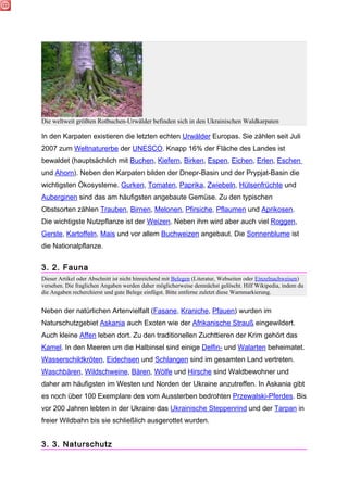 Die weltweit größten Rotbuchen-Urwälder befinden sich in den Ukrainischen Waldkarpaten

In den Karpaten existieren die letzten echten Urwälder Europas. Sie zählen seit Juli
2007 zum Weltnaturerbe der UNESCO. Knapp 16% der Fläche des Landes ist
bewaldet (hauptsächlich mit Buchen, Kiefern, Birken, Espen, Eichen, Erlen, Eschen
und Ahorn). Neben den Karpaten bilden der Dnepr-Basin und der Prypjat-Basin die
wichtigsten Ökosysteme. Gurken, Tomaten, Paprika, Zwiebeln, Hülsenfrüchte und
Auberginen sind das am häufigsten angebaute Gemüse. Zu den typischen
Obstsorten zählen Trauben, Birnen, Melonen, Pfirsiche, Pflaumen und Aprikosen.
Die wichtigste Nutzpflanze ist der Weizen. Neben ihm wird aber auch viel Roggen,
Gerste, Kartoffeln, Mais und vor allem Buchweizen angebaut. Die Sonnenblume ist
die Nationalpflanze.


3. 2. Fauna
Dieser Artikel oder Abschnitt ist nicht hinreichend mit Belegen (Literatur, Webseiten oder Einzelnachweisen)
versehen. Die fraglichen Angaben werden daher möglicherweise demnächst gelöscht. Hilf Wikipedia, indem du
die Angaben recherchierst und gute Belege einfügst. Bitte entferne zuletzt diese Warnmarkierung.


Neben der natürlichen Artenvielfalt (Fasane, Kraniche, Pfauen) wurden im
Naturschutzgebiet Askania auch Exoten wie der Afrikanische Strauß eingewildert.
Auch kleine Affen leben dort. Zu den traditionellen Zuchttieren der Krim gehört das
Kamel. In den Meeren um die Halbinsel sind einige Delfin- und Walarten beheimatet.
Wasserschildkröten, Eidechsen und Schlangen sind im gesamten Land vertreten.
Waschbären, Wildschweine, Bären, Wölfe und Hirsche sind Waldbewohner und
daher am häufigsten im Westen und Norden der Ukraine anzutreffen. In Askania gibt
es noch über 100 Exemplare des vom Aussterben bedrohten Przewalski-Pferdes. Bis
vor 200 Jahren lebten in der Ukraine das Ukrainische Steppenrind und der Tarpan in
freier Wildbahn bis sie schließlich ausgerottet wurden.


3. 3. Naturschutz
 