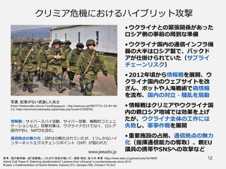 クリミア危機におけるハイブリット攻撃
•ウクライナとの緊張関係があった
ロシア側の事前の周到な準備
•ウクライナ国内の通信インフラ機
器の大半はロシア製で、バックド
アが仕掛けられていた（サプライ
チェーンリスク）
•2012年頃から情報戦を展開、ウ
クライナ国内のウェブサイトを改
ざん、ボットや人海戦術で偽情報
を流布、国内の対立・騒乱を扇動
•情報戦はクリミアやウクライナ国
内の親ロシア地域では効果を上げ
たが、ウクライナ全体の工作には
失敗し、軍事作戦を展開
•重要施設の占拠、通信拠点の無力
化（指揮通信能力の奪取）、親EU
議員の携帯やSNSへの攻撃など
参考： 現代戦争論―超「超限戦」- これが21世紀の戦いだ - 渡部 悦和、佐々木 孝博 https://www.wani.co.jp/event.php?id=6695
Hybrid CoE Paper 6: Deterring disinformation? Lessons from Lithuania’s countermeasures since 2014
Russia’s Implementation of Hybrid Warfare: Estonia ('07), Georgia ('08), Crimea ('14) など
www.jeeadis.jp
12
写真：記章がない武装した兵士
Anton Holoborodko (Антон Голобородько) – http://www.ex.ua/76677715, CC BY-SA
3.0, https://commons.wikimedia.org/w/index.php?curid=31559793
情報戦：サイバースパイ活動、サイバー攻撃、戦略的コミュニ
ケーションなど。攻撃対象は、ウクライナだけでなく、ロシア
国内やEU、NATOも含む。
通信拠点の無力化：ISPは分散化されていたが、1つしかないイ
ンターネットエクスチェンジポイント（IXP）が狙われた
 