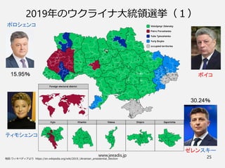 www.jeeadis.jp 25
2019年のウクライナ大統領選挙（１）
ポロシェンコ
ゼレンスキー
ティモシェンコ
ボイコ
15.95％
30.24％
 
