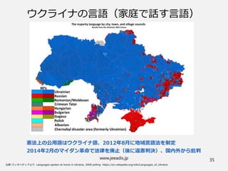 www.jeeadis.jp 35
ウクライナの言語（家庭で話す言語）
憲法上の公用語はウクライナ語、2012年8月に地域言語法を制定
2014年2月のマイダン革命で法律を廃止（後に違憲判決）、国内外から批判
 