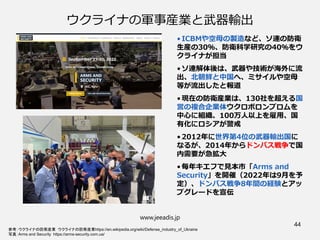 ウクライナの軍事産業と武器輸出
• ICBMや空母の製造など、ソ連の防衛
生産の30％、防衛科学研究の40％をウ
クライナが担当
• ソ連解体後は、武器や技術が海外に流
出、北朝鮮と中国へ、ミサイルや空母
等が流出したと報道
• 現在の防衛産業は、130社を超える国
営の複合企業体ウクロボロンプロムを
中心に組織、100万人以上を雇用、国
有化にロシアが警戒
• 2012年に世界第4位の武器輸出国に
なるが、2014年からドンバス戦争で国
内需要が急拡大
• 毎年キエフで見本市「Arms and
Security」を開催（2022年は9月を予
定）、ドンバス戦争8年間の経験とアッ
プグレードを宣伝
www.jeeadis.jp
44
参考：ウクライナの防衛産業 ウクライナの防衛産業https://en.wikipedia.org/wiki/Defense_industry_of_Ukraine
写真：Arms and Security https://arms-security.com.ua/
 