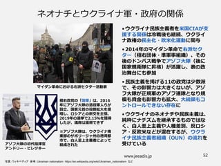 ネオナチとウクライナ軍・政府の関係
• ウクライナ民族主義者を米国CIAが支
援する関係は冷戦後も継続、ウクライ
ナ政権の民主化・欧米化運動に関与
• 2014年のマイダン革命で右派セク
ター（極右団体・準軍事組織）、その
後のドンバス戦争でアゾフ大隊（後に
国家親衛隊に昇格）が活躍し、表の政
治舞台にも参加
• 民族主義を掲げる11の政党は少数派
で、その影響力は大きくないが、アゾ
フ大隊が正規軍のアゾフ連隊となり規
模も資金も影響力も拡大、大統領もコ
ントロールできない存在に
• ウクライナのネオナチや民族主義は、
純粋にナチズムを継承するものではな
く、白人至上主義や人種差別、反ロシ
ア・反欧米などが混在するが、ウクラ
イナ民族主義者組織（OUN）の流れを
受けている
www.jeeadis.jp 52
写真：ウィキペディア 参考：Ukrainian nationalism https://en.wikipedia.org/wiki/Ukrainian_nationalism など
マイダン革命における右派セクター活動家
極右政党の「国軍」は、2016
年にアゾフ大隊の退役軍人らが
設立、国家元首の役割拡大を提
唱し、ロシアとの断交を主張、
2019年の選挙で2.15％を獲得
したが、議席は獲得できず
※アゾフ大隊は、ウクライナ南
東部のザポリージャ州の港湾都
市で、白人至上主義者によって
結成された
アゾフ大隊の初代指揮官
アンドリー・ビレツキー
 