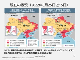 www.jeeadis.jp 54
現在の戦況（2022年3月25日と15日）
ロシア、軍事作戦の第1段階ほぼ完了　ロ軍死者1351人＝国防省 ロイター 3/25(金)
欧米や日本の報道では、ロシア側の苦戦を伝えるものが多い
 