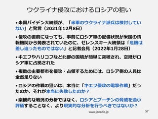 ウクライナ侵攻におけるロシアの狙い
•米国バイデン大統領が、「米軍のウクライナ派兵は検討してい
ない」と発言（2021年12月8日）
•侵攻の直前になっても、事前にロシア軍の配備状況が米国の情
報機関から発表されていたのに、ゼレンスキー大統領は「危機は
差し迫ったものではない」と記者会見（2022年1月28日）
•キエフやハリコフなど北部の国境が簡単に突破され、空港がロ
シア軍に占拠された
•複数の主要都市を侵攻・占領するためには、ロシア側の人員は
全然足りない
•ロシアの作戦の狙いは、本当に「キエフ侵攻の電撃作戦」だっ
たのか、それが本当に失敗したのか？
•楽観的な戦況の分析ではなく、ロシアとプーチンの脅威を過小
評価することなく、より現実的な分析を行うべきではないか？
www.jeeadis.jp 57
 