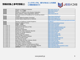 www.jeeadis.jp 6
情報収集と参考情報(2)
シンクタンクも、偏りがあることを前提
に情報収集を行う
軍組織 Ministry of Defence of Ukraine http://www.mil.gov.ua/
軍組織 АЗОВ （アゾフ連隊） https://azov.org.ua/
軍組織 Ministry of Defence of the Russian Federation https://mil.ru/
軍組織 North Atlantic Treaty Organization (NATO) https://www.nato.int/
軍組織
European Centre of Excellence for Countering Hybrid
Threats https://www.hybridcoe.fi/
軍組織 United States European Command https://www.eucom.mil/
軍組織 United States Department of Defense https://www.defense.gov/
軍組織 Ministry of Defence (United Kingdom)
https://www.gov.uk/government/organisations/ministry-
of-defence
軍組織 Estonian Defence Forces https://mil.ee/en/defence-forces/
軍組織 防衛省・自衛隊 https://www.mod.go.jp/
シンクタンク RAND Corporation https://www.rand.org/
シンクタンク Institute for the Study of War https://www.understandingwar.org/
シンクタンク Atlantic Council https://www.atlanticcouncil.org/
シンクタンク Brookings Institution https://www.brookings.edu/
シンクタンク Center for a New American Security https://www.cnas.org/
シンクタンク Council on Foreign Relations https://www.cfr.org/
シンクタンク Hudson Institute https://www.hudson.org/
シンクタンク The Heritage Foundation https://www.heritage.org/
シンクタンク American Enterprise Institute https://www.aei.org/
シンクタンク Critical Threats Project https://www.criticalthreats.org/
シンクタンク The Stimson Center https://www.stimson.org/
シンクタンク Royal United Services Institute (RUSI) https://www.rusi.org/
シンクタンク Institute of Modern Russia https://imrussia.org/en/
シンクタンク Al Jazeera Centre for Studies https://studies.aljazeera.net/en
シンクタンク The Japan Institute of International Affairs https://www.jiia.or.jp/
シンクタンク TTCSP Global Go To Think Tank Index Reports https://repository.upenn.edu/think_tanks/
シンクタンク 国際情報ネットワークIINA 笹川平和財団 https://www.spf.org/iina/
 