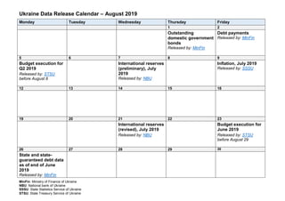 Ukraine Data Release Calendar – August 2019
Monday Tuesday Wednesday Thursday Friday
1 2
Outstanding
domestic government
bonds
Released by: MinFin
Debt payments
Released by: MinFin
5 6 7 8 9
Budget execution for
Q2 2019
Released by: STSU
before August 8
International reserves
(preliminary), July
2019
Released by: NBU
Inflation, July 2019
Released by: SSSU
12 13 14 15 16
19 20 21 22 23
International reserves
(revised), July 2019
Released by: NBU
Budget execution for
June 2019
Released by: STSU
before August 29
26 27 28 29 30
State and state-
guaranteed debt data
as of end of June
2019
Released by: MinFin
MinFin: Ministry of Finance of Ukraine
NBU: National bank of Ukraine
SSSU: State Statistics Service of Ukraine
STSU: State Treasury Service of Ukraine
 