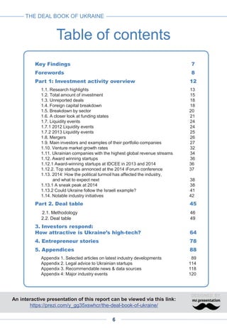 Table of contents
6
THE DEAL BOOK OF UKRAINE
6
Key Findings 7
Forewords 8
Part 1: Investment activity overview 12
1.1. Res...
