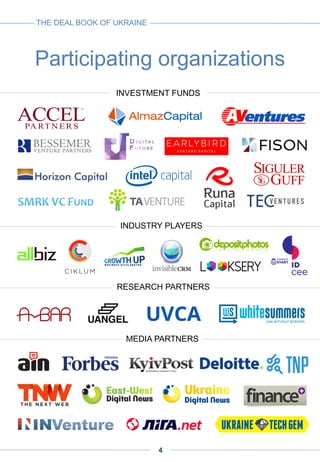 Participating organizations
INVESTMENT FUNDS
INDUSTRY PLAYERS
THE DEAL BOOK OF UKRAINE
MEDIA PARTNERS
RESEARCH PARTNERS
4
 