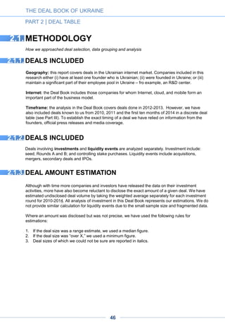 In this report we have sought to use only the most reliable data available. Our key sources of
information include:
1. Angel Investor and VC firms; our single most important source was the database created by
AVentures Capital during their interviews with startups all over Ukraine.
2. Information from founders
3. Publicly available databases and media coverage
We are bound by confidentiality and nondisclosure agreements with certain companies. We also
recognize that not all deals are known to us. Thus the actual numbers and total volume of deals
are higher than reported in this Deal Book. However, we estimate that this report covers
approximately 75% of all deals from 2012-1H 2014 and approximately 65% of the deals that
took place in 2010 and 2011.
We have used a conventional methodology to define investment rounds. In many cases, however,
investments are not defined as straightforwardly as they are under West classification, leaving us to
exercise our best judgment in characterizing the deals. For clarification purposes we include the
following table:
THE DEAL BOOK OF UKRAINE
PART 2 | DEAL TABLE
2.1.4. DATA SELECTION AND CONFIDENTIALITY
2.1.5. INVESTMENT ROUNDS DESCRIPTION
Funding
stages
Source
Use of
proceeds
Size, USD Remark
Grant
Startup competitions,
grant programs
Incorporation of a
company, building a
prototype, generating
first sales
- Non-equity funding
Seed
Angels, seed stage
VC firms,
accelerators, qualified
investors
Developing product to
first sales
Up to 1m Equity funding
Round A
Primarily VC firms,
other qualified
investors and
sometimes angels
Scaling operations From 1m to 4m
Equity funding; most
often the initial funds
come from a qualified
investor or a second
round of financing
exceeding $1m
Round B and growth
rounds
Primarily VC firms,
other qualified
investors, very rarely
angels
Scaling operations,
entry into a new
market
From 5m to 10m Following Round A
Undisclosed
VC firms, various
investors from private
investors
Same as seed,
Round A, Round B
Undefined Equity funding
46
 
