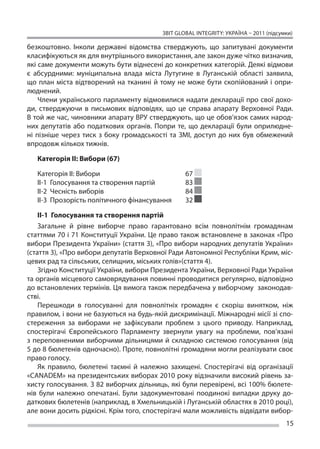 ЗВІТ GLOBAL INTEGRITY: Україна – 2011 (підсумки)

безкоштовно. Інколи державні відомства стверджують, що  запитувані документи
класифікуються як для внутрішнього використання, але закон дуже чітко визначив,
які саме документи можуть бути віднесені до конкретних категорій. Деякі відмови
є  абсурдними: муніципальна влада міста Лутугине в  Луганській області заявила,
що  план міста відтворений на  тканині й  тому не  може бути скопійований і  опри-
люднений.
    Члени українського парламенту відмовилися надати декларації про свої дохо-
ди, стверджуючи в  письмових відповідях, що  це справа апарату Верховної Ради.
В той же час, чиновники апарату ВРУ стверджують, що це обов’язок самих народ-
них депутатів або податкових органів. Попри те, що  декларації були оприлюдне-
ні пізніше через тиск з  боку громадськості та  ЗМІ, доступ до  них був обмежений
впродовж кількох тижнів.

   Категорія ІІ: Вибори (67)

   Категорія ІІ: Вибори				                      67
   ІІ-1 Голосування та створення партій		        83
   ІІ-2 Чесність виборів				                     84
   ІІ-3 Прозорість політичного фінансування	     32

    ІІ-1 Голосування та створення партій
    Загальне й  рівне виборче право гарантовано всім повнолітнім громадянам
статтями 70 і 71 Конституції України. Це право також встановлене в законах «Про
вибори Президента України» (стаття 3), «Про вибори народних депутатів України»
(стаття 3), «Про вибори депутатів Верховної Ради Автономної Республіки Крим, міс-
цевих рад та сільських, селищних, міських голів»(стаття 4).
    Згідно Конституції України, вибори Президента України, Верховної Ради України
та органів місцевого самоврядування повинні проводитися регулярно, відповідно
до встановлених термінів. Ця вимога також передбачена у виборчому законодав-
стві.
    Перешкоди в  голосуванні для повнолітніх громадян є  скоріш винятком, ніж
правилом, і вони не базуються на будь-якій дискримінації. Міжнародні місії зі спо-
стереження за  виборами не  зафіксували проблем з  цього приводу. Наприклад,
спостерігачі Європейського Парламенту звернули увагу на  проблеми, пов’язані
з  переповненими виборчими дільницями й  складною системою голосування (від
5 до 8 бюлетенів одночасно). Проте, повнолітні громадяни могли реалізувати своє
право голосу.
    Як  правило, бюлетені таємні й  належно захищені. Спостерігачі від організації
«CANADEM» на президентських виборах 2010 року відзначили високий рівень за-
хисту голосування. З 82 виборчих дільниць, які були перевірені, всі 100% бюлете-
нів були належно опечатані. Були задокументовані поодинокі випадки друку до-
даткових бюлетенів (наприклад, в Хмельницькій і Луганській областях в 2010 році),
але вони досить рідкісні. Крім того, спостерігачі мали можливість відвідати вибор-
                                                                                      15
 