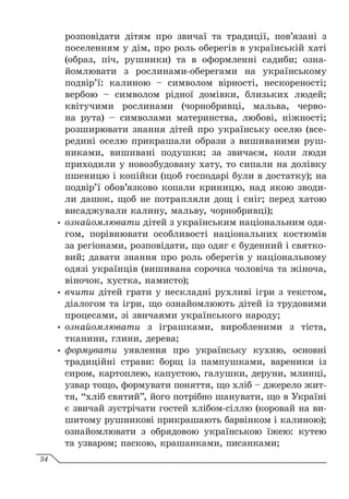 розповідати дітям про звичаї та традиції, пов’язані з
поселенням у дім, про роль оберегів в українській хаті
(образ, піч, рушники) та в оформленні садиби; озна-
йомлювати з рослинами-оберегами на українському
подвір’ї: калиною – символом вірності, нескореності;
вербою – символом рідної домівки, близьких людей;
квітучими рослинами (чорнобривці, мальва, черво-
на рута)  – символами материнства, любові, ніжності;
розширювати знання дітей про українську оселю (все-
редині оселю прикрашали образи з вишиваними руш-
никами, вишивані подушки; за звичаєм, коли люди
приходили у новозбудовану хату, то сипали на долівку
пшеницю і копійки (щоб господарі були в достатку); на
подвір’ї обов’язково копали криницю, над якою зводи-
ли дашок, щоб не потрапляли дощ і сніг; перед хатою
висаджували калину, мальву, чорнобривці);
y
y ознайомлювати дітей з українським національним одя-
гом, порівнювати особливості національних костюмів
за регіонами, розповідати, що одяг є буденний і святко-
вий; давати знання про роль оберегів у національному
одязі українців (вишивана сорочка чоловіча та жіноча,
віночок, хустка, намисто);
y
y вчити дітей грати у нескладні рухливі ігри з текстом,
діалогом та ігри, що ознайомлюють дітей із трудовими
процесами, зі звичаями українського народу;
y
y ознайомлювати з іграшками, виробленими з тіста,
тканини, глини, дерева;
y
y формувати уявлення про українську кухню, основні
традиційні страви: борщ із пампушками, вареники із
сиром, картоплею, капустою, галушки, деруни, млинці,
узвар тощо, формувати поняття, що хліб – джерело жит-
тя, “хліб святий”, його потрібно шанувати, що в Україні
є звичай зустрічати гостей хлібом-сіллю (коровай на ви-
шитому рушникові прикрашають барвінком і калиною);
ознайомлювати з обрядовою українською їжею: кутею
та узваром; паскою, крашанками, писанками;
34
 